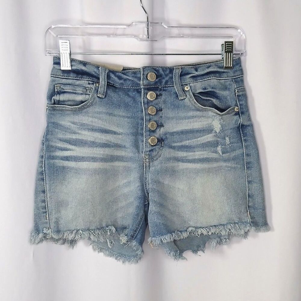 Vanilla Star High Rise Midi Button Fly Denim Shorts Distressed Cut-off Womens 5